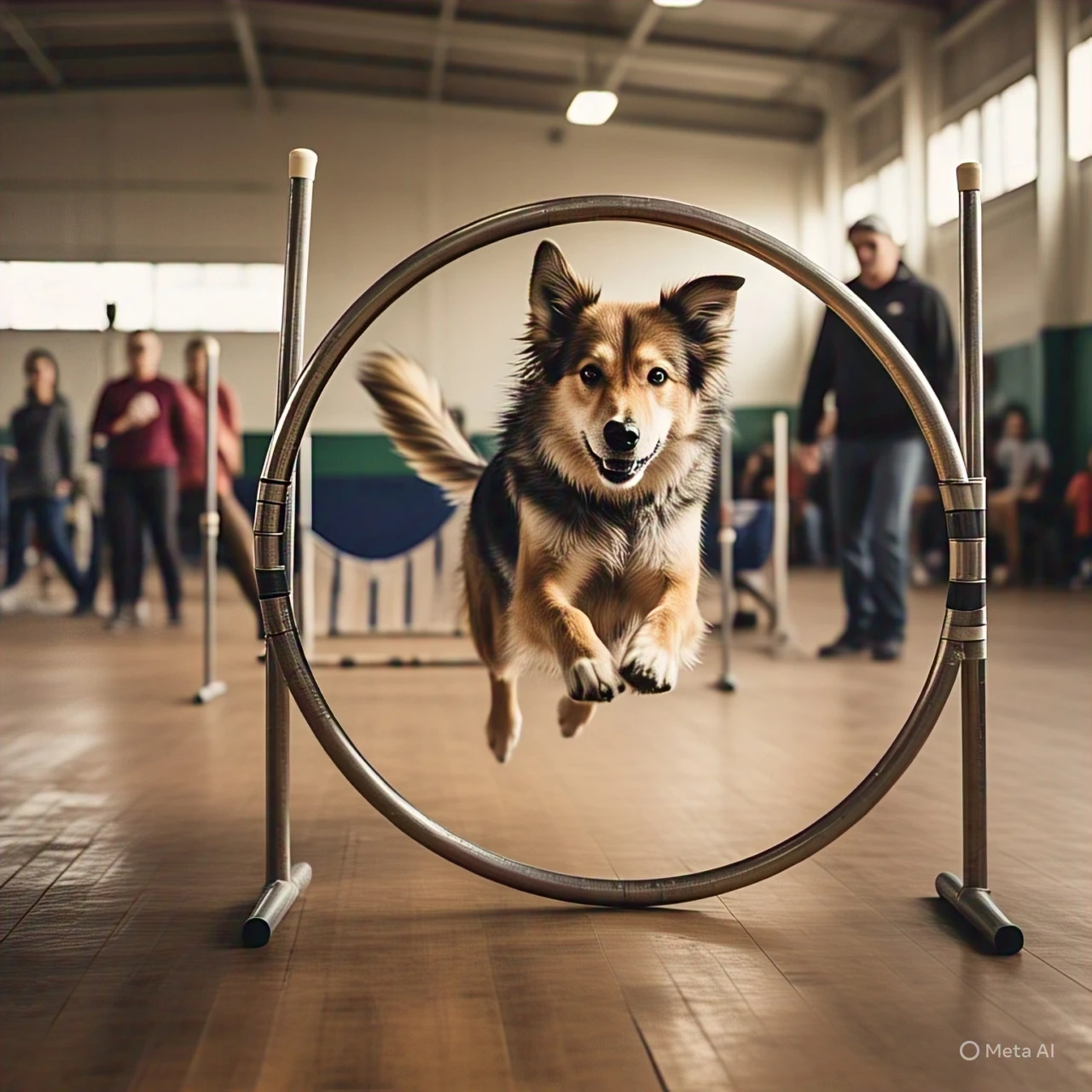 Dog jumping through a hoop