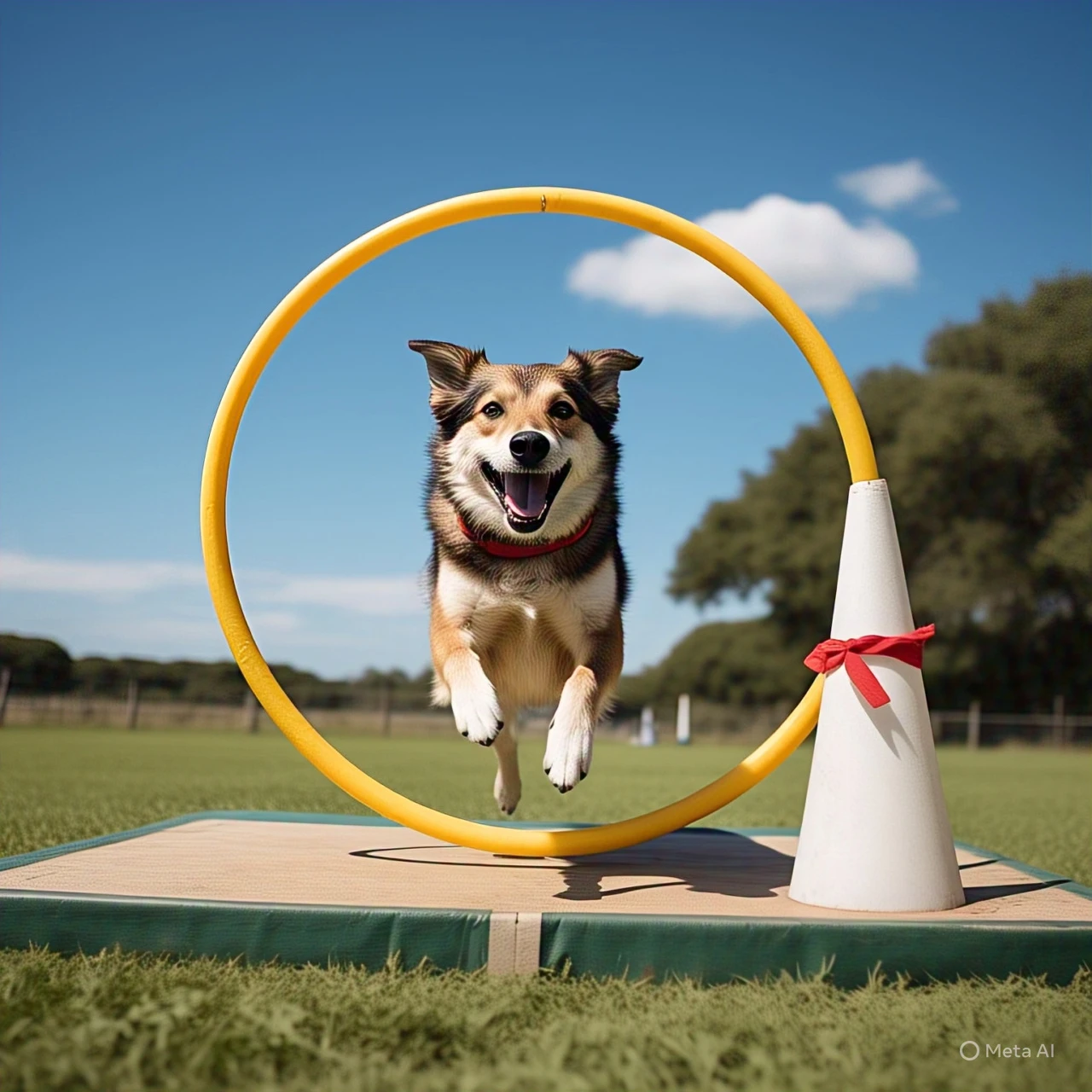 Dog jumping from platform