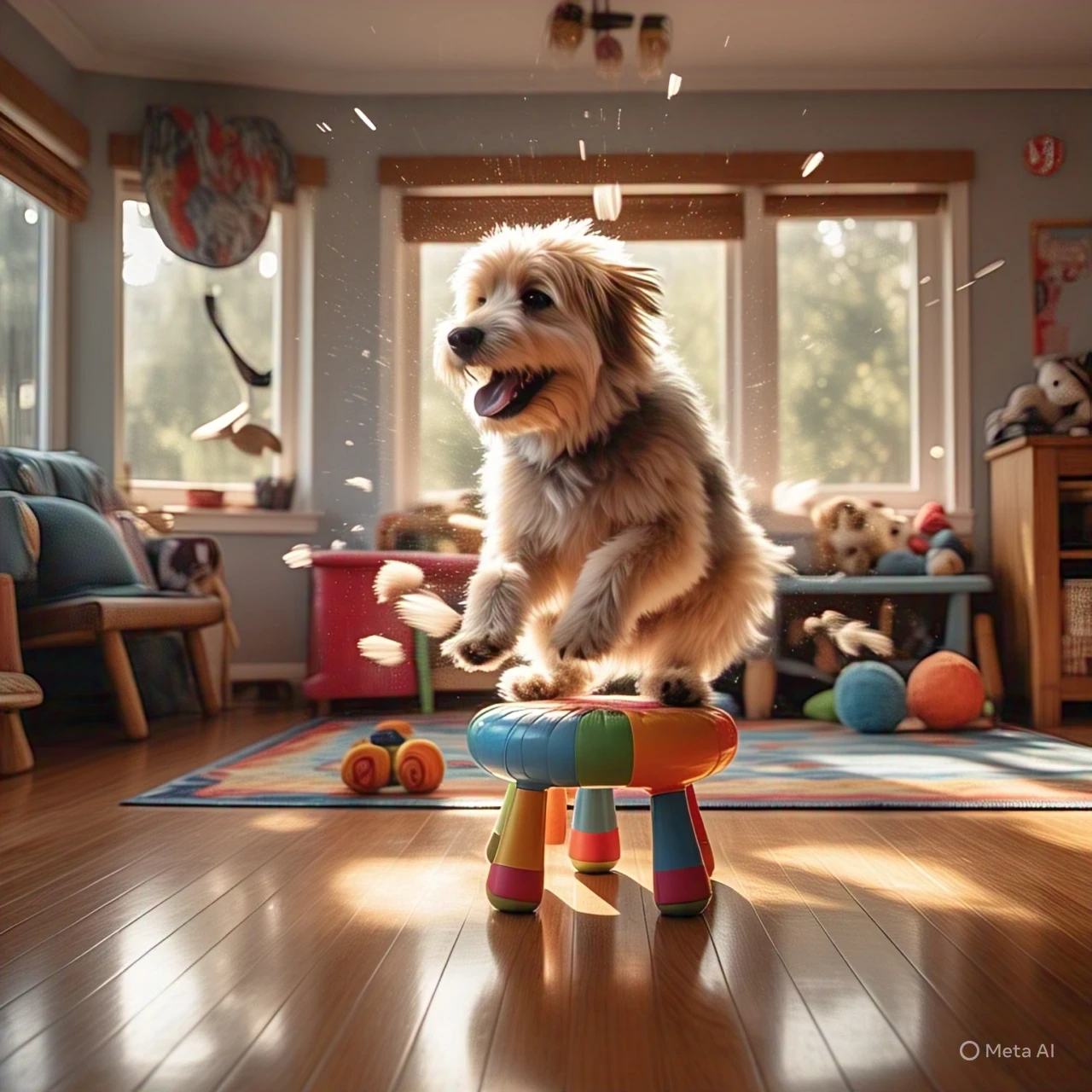 Dog spinning on stool