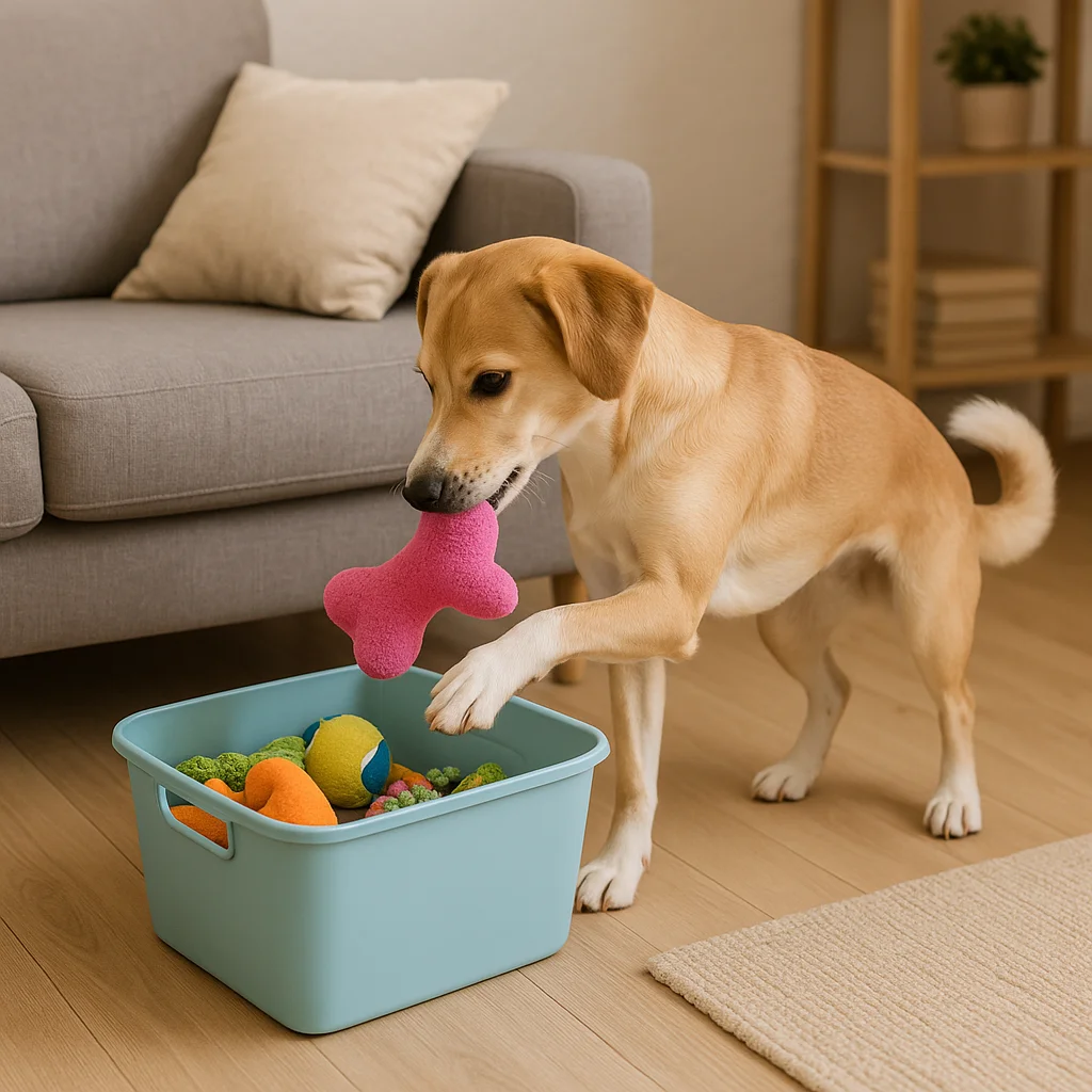 Dog putting toys in basket