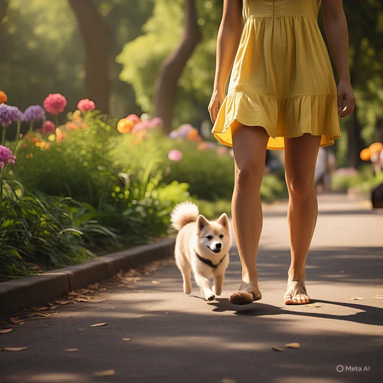 Dog weaving through owner's legs